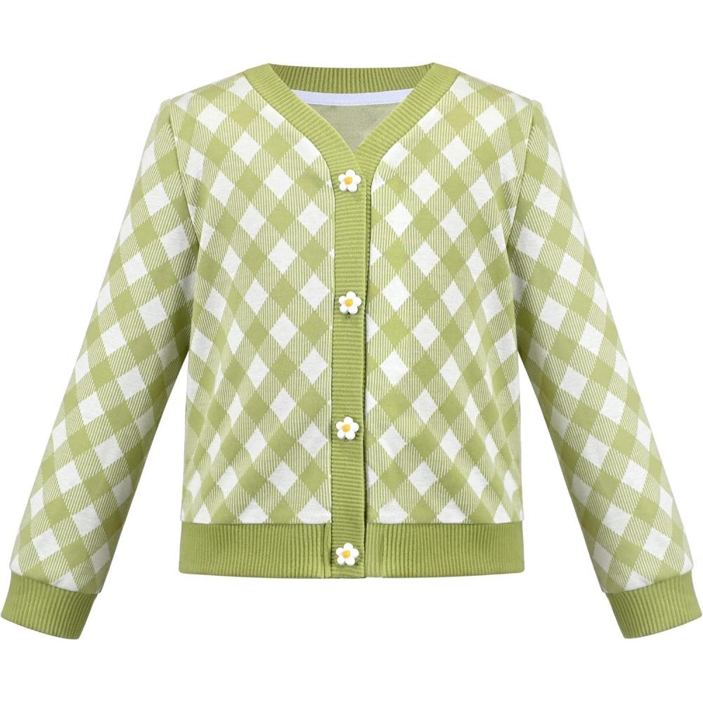 imageSunny Fashion Girls Cardigan Button Up Sweater Long Sleeve Warm Casual Knit JacketGreen Plaid