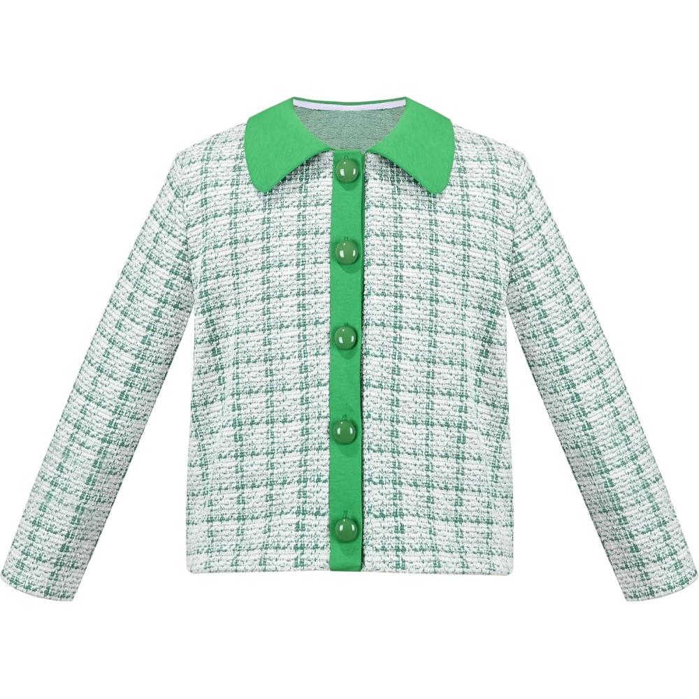 imageSunny Fashion Girls Cardigan Button Up Sweater Long Sleeve Warm Casual Knit JacketGreen Plaid Checks