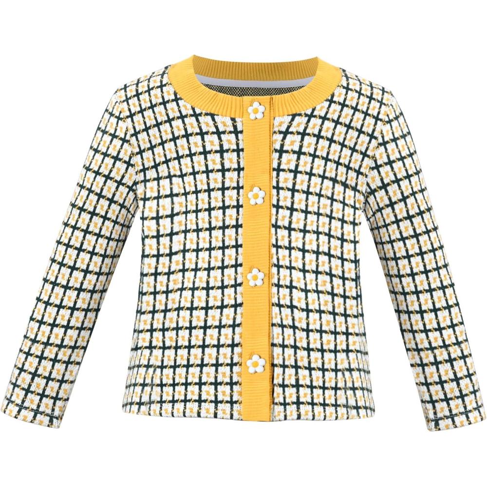 imageSunny Fashion Girls Cardigan Button Up Sweater Long Sleeve Warm Casual Knit JacketYellow Plaid