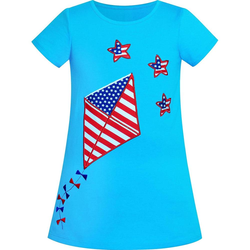 imageSunny Fashion Girls Casual Dress Cotton Short Sleeve Swan Embroidered Size 26American Flag