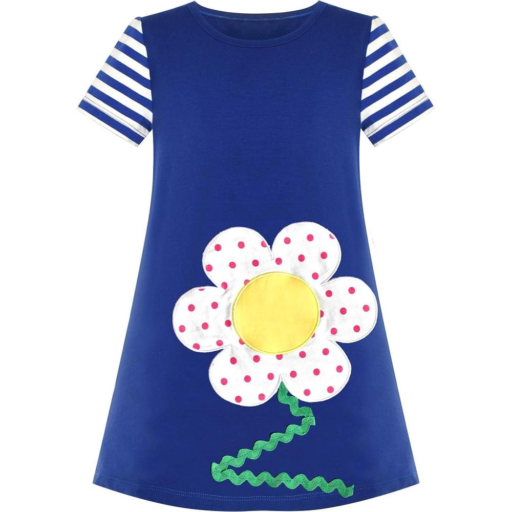imageSunny Fashion Girls Casual Dress Cotton Short Sleeve Swan Embroidered Size 26Blue Flower