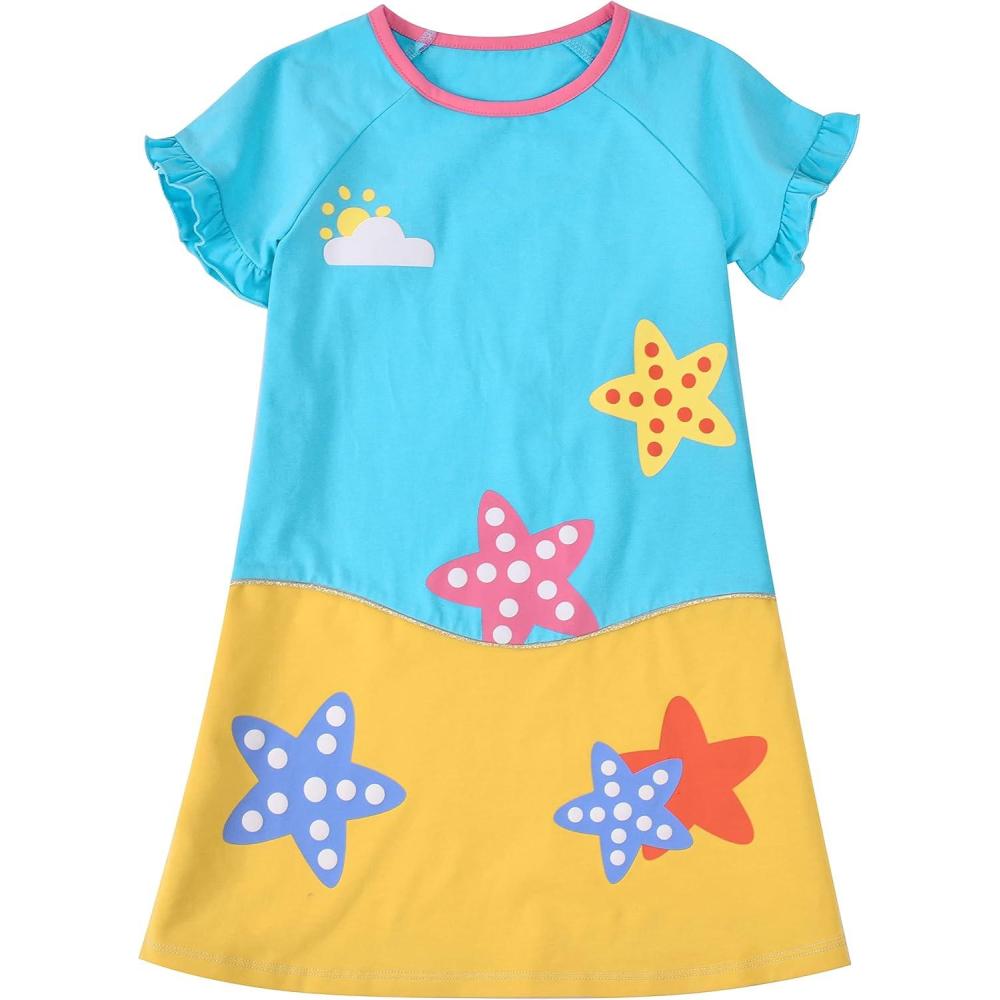 imageSunny Fashion Girls Casual Dress Cotton Short Sleeve Swan Embroidered Size 26Blue Star