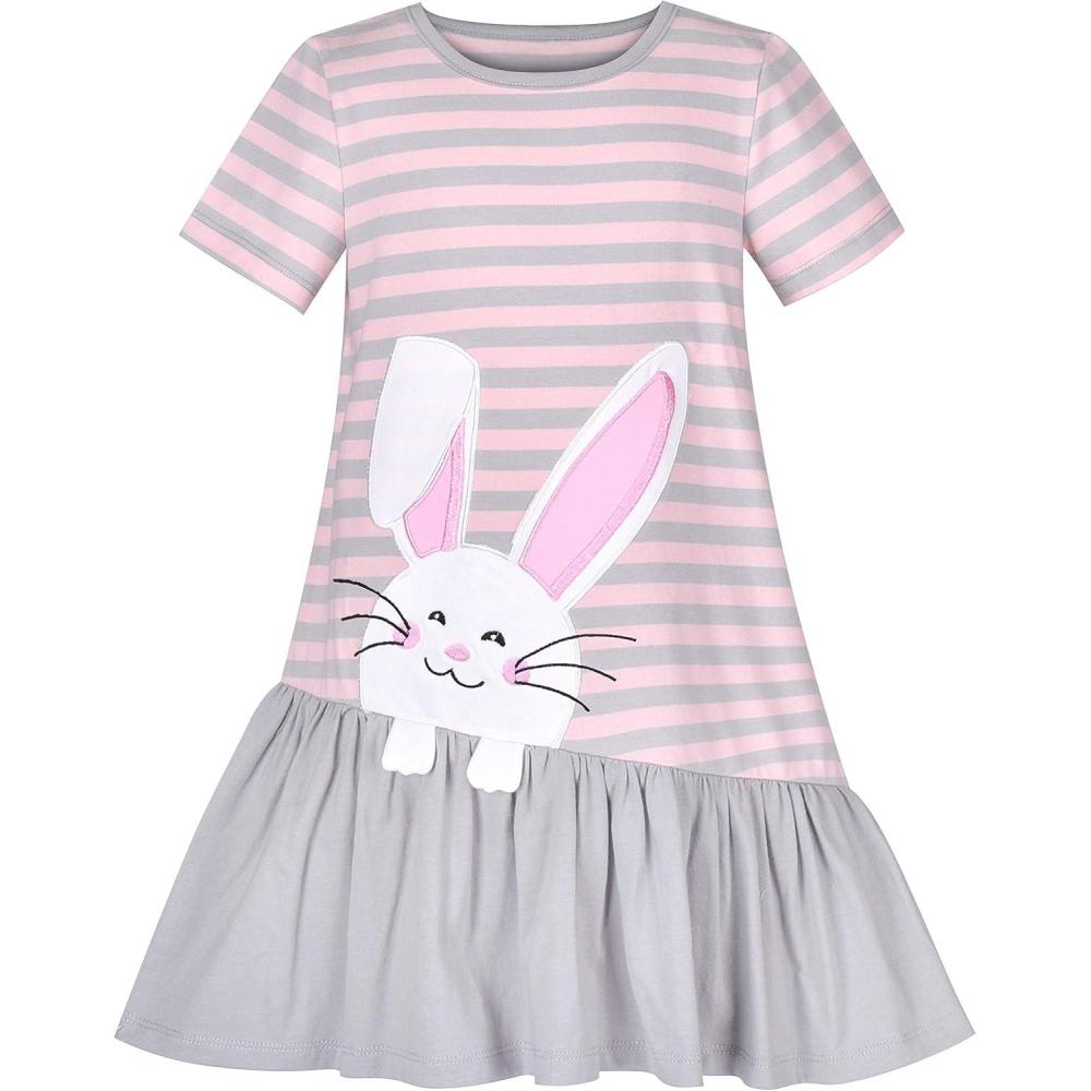 imageSunny Fashion Girls Casual Dress Cotton Short Sleeve Swan Embroidered Size 26Gray