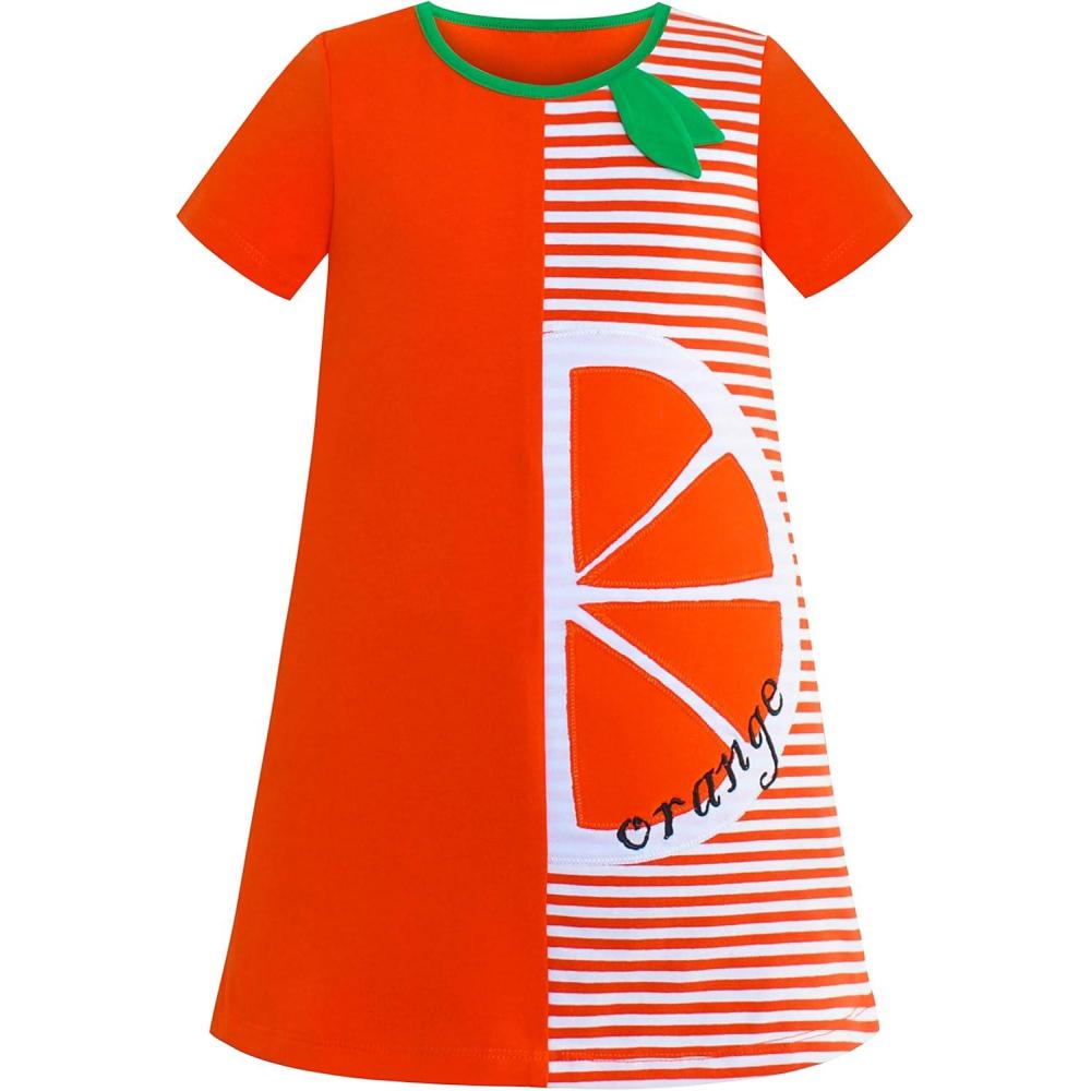 imageSunny Fashion Girls Casual Dress Cotton Short Sleeve Swan Embroidered Size 26Orange
