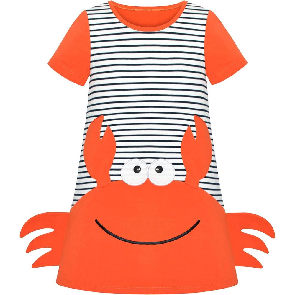 imageSunny Fashion Girls Casual Dress Cotton Short Sleeve Swan Embroidered Size 26Orange Crab