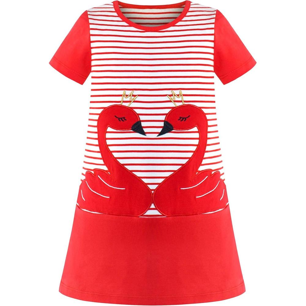 imageSunny Fashion Girls Casual Dress Cotton Short Sleeve Swan Embroidered Size 26Red Swan