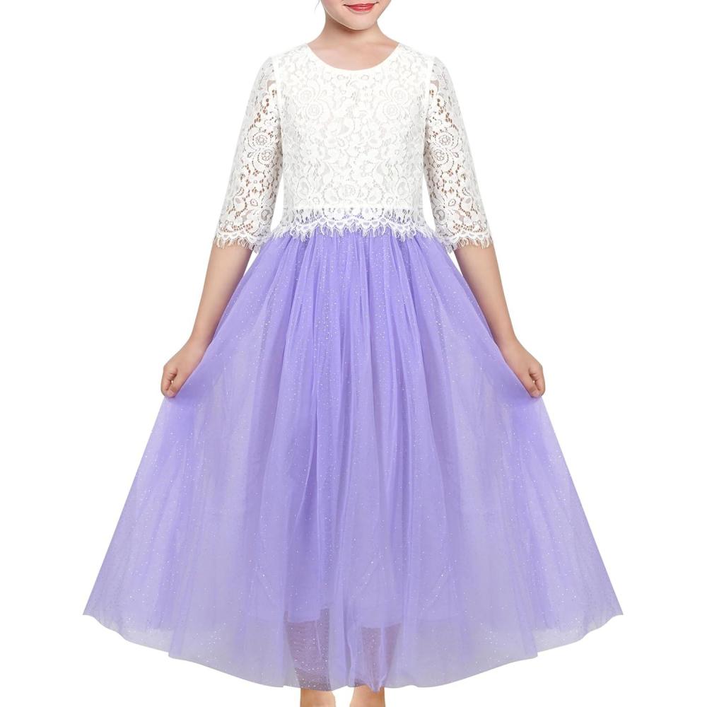 imageSunny Fashion Girls Dress 2PC Set White Floral Lace Glitter Tulle Skirt 34 SleevePurple