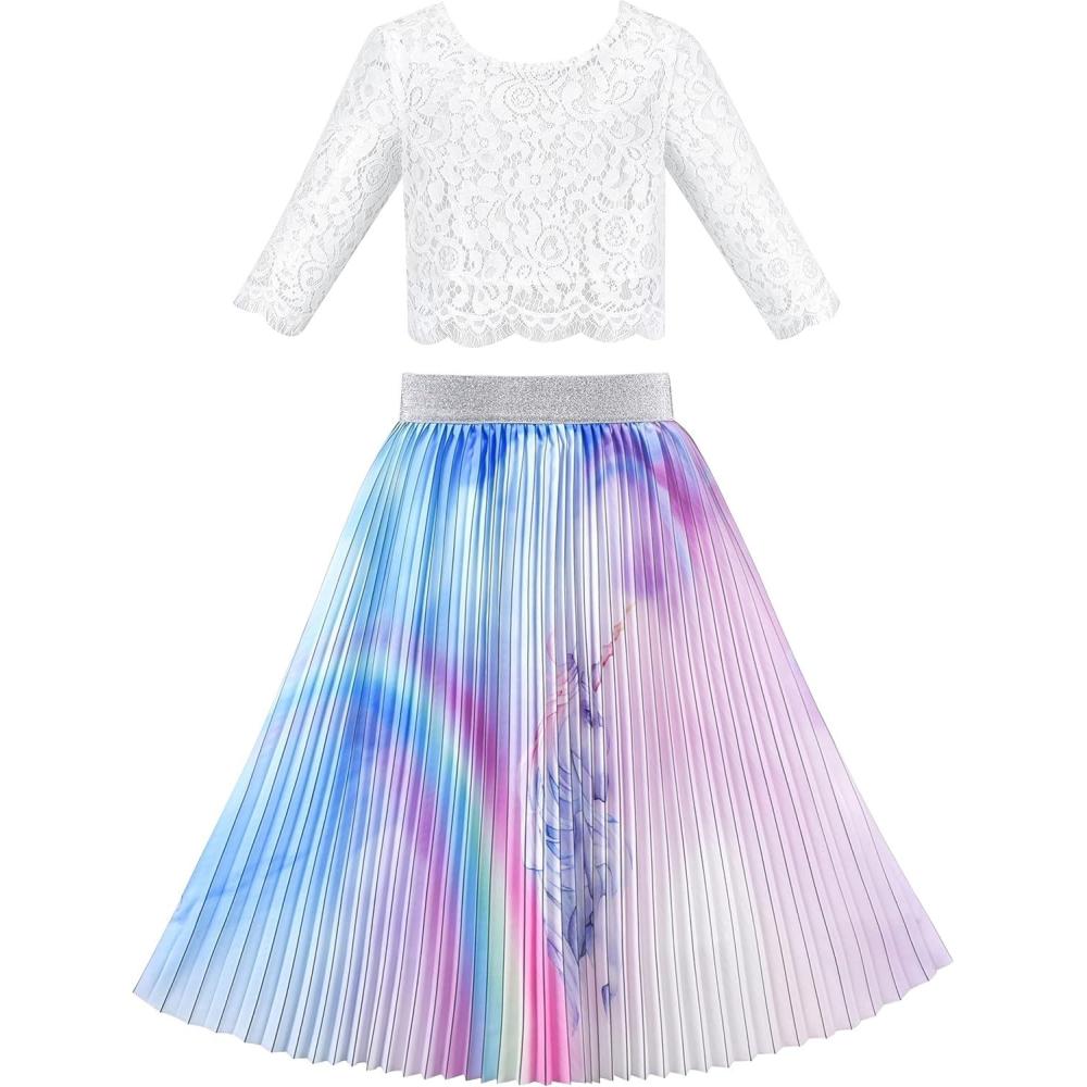 imageSunny Fashion Girls Dress 2PC Set White Floral Lace Glitter Tulle Skirt 34 SleevePurple Set