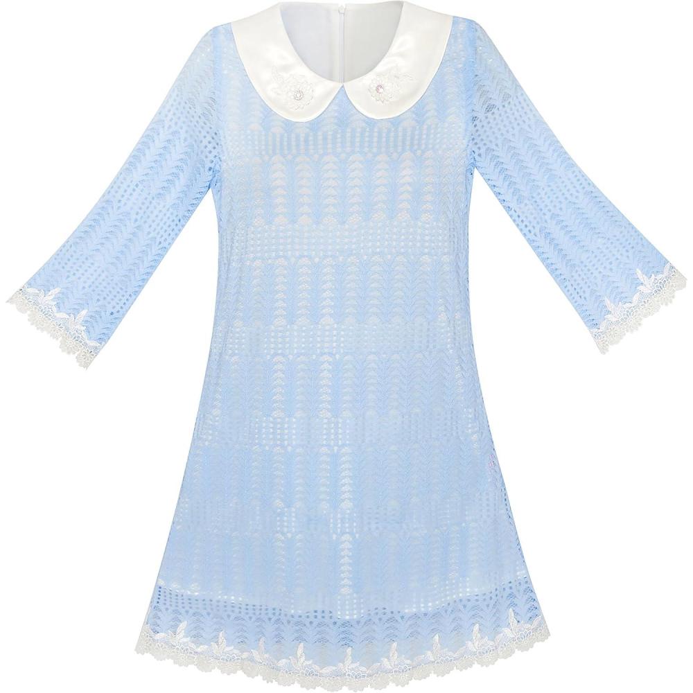 imageSunny Fashion Girls Dress 34 Sleeve White Collar Lace Blue Dress Size 512