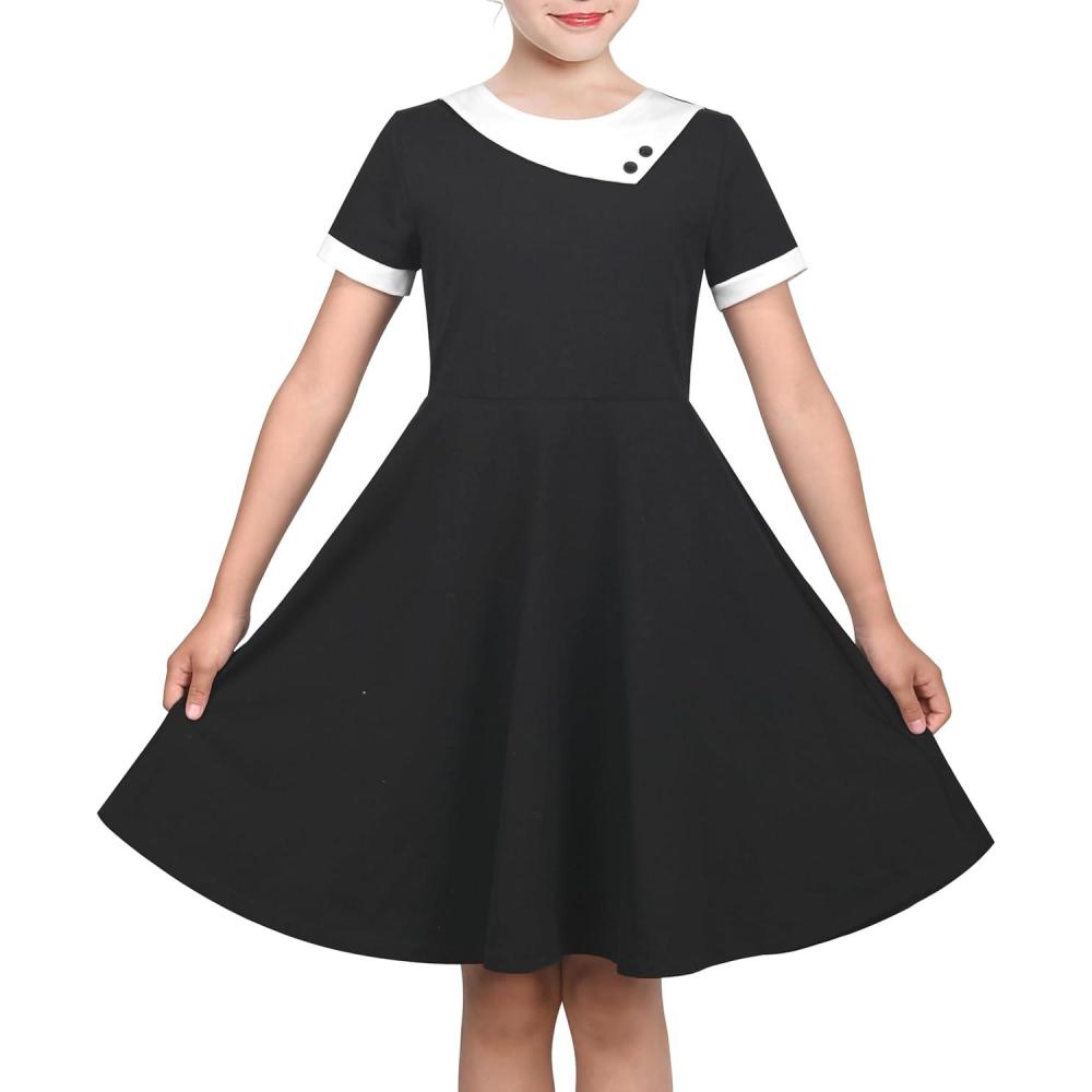 imageSunny Fashion Girls Dress Black Asymmetric Collar Knit Preppy School Family Short Sleeve CottonBlack