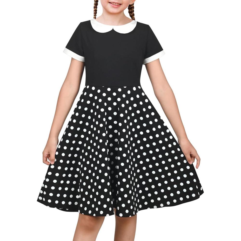 imageSunny Fashion Girls Dress Black Asymmetric Collar Knit Preppy School Family Short Sleeve CottonBlack Dot
