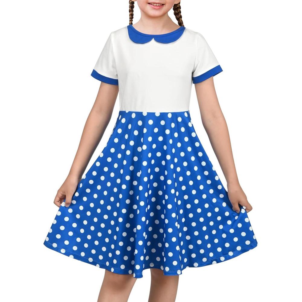 imageSunny Fashion Girls Dress Black Asymmetric Collar Knit Preppy School Family Short Sleeve CottonBlue Dot