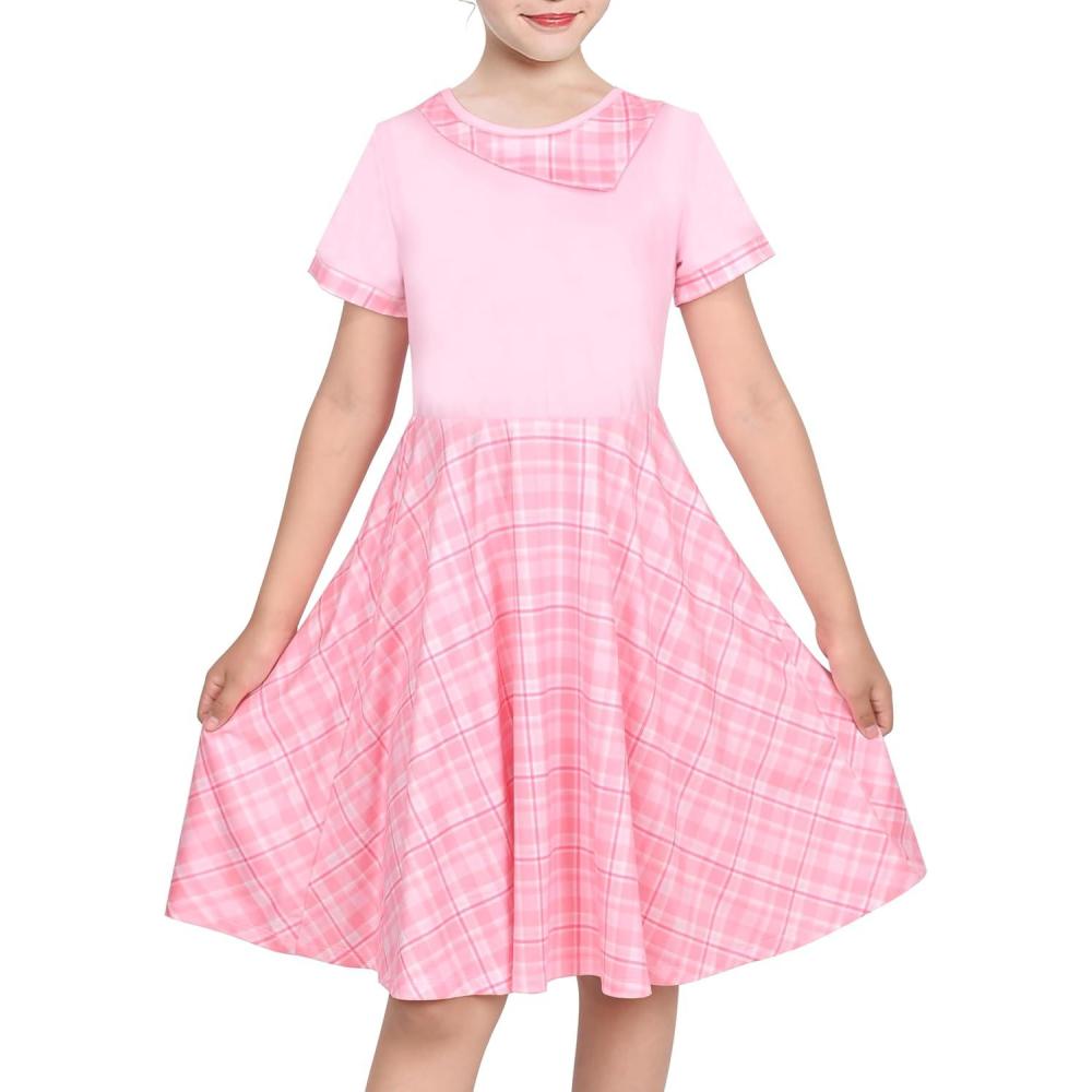 imageSunny Fashion Girls Dress Black Asymmetric Collar Knit Preppy School Family Short Sleeve CottonPink Plaid