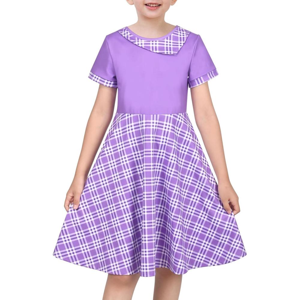 imageSunny Fashion Girls Dress Black Asymmetric Collar Knit Preppy School Family Short Sleeve CottonPurple Plaid