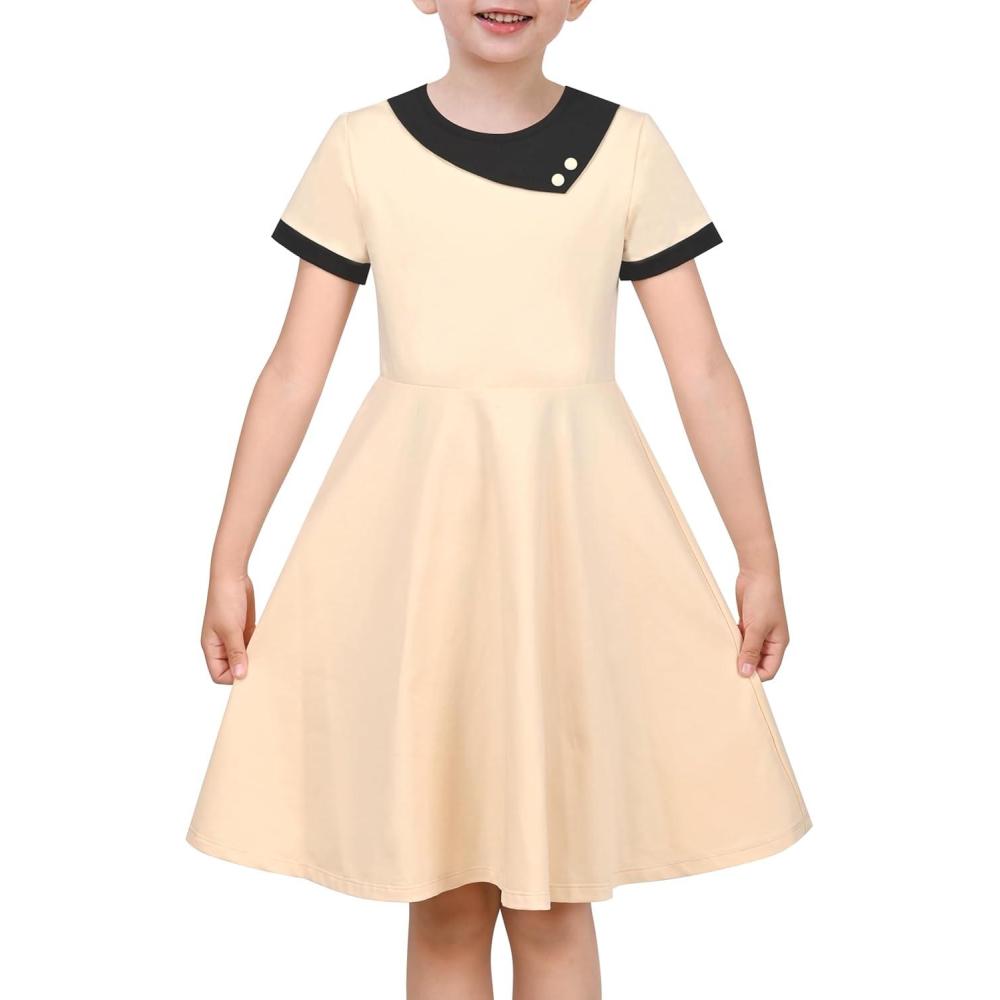 imageSunny Fashion Girls Dress Black Asymmetric Collar Knit Preppy School Family Short Sleeve CottonTan Beige