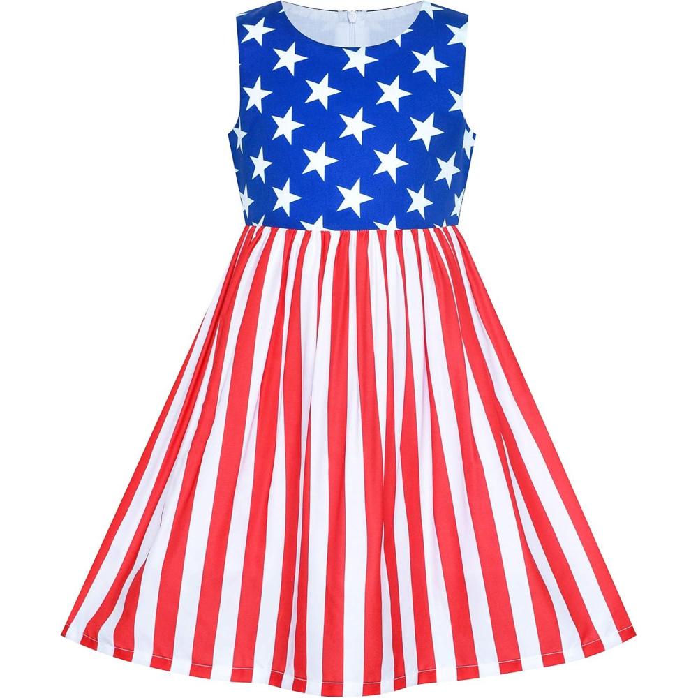 imageSunny Fashion Girls Dress Blue Flower PrintAmerican Flag