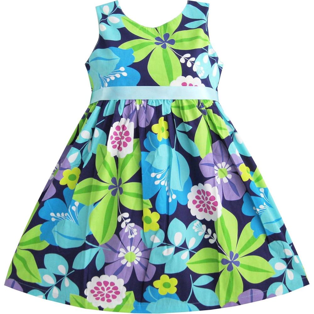 imageSunny Fashion Girls Dress Blue Flower PrintBlue Green