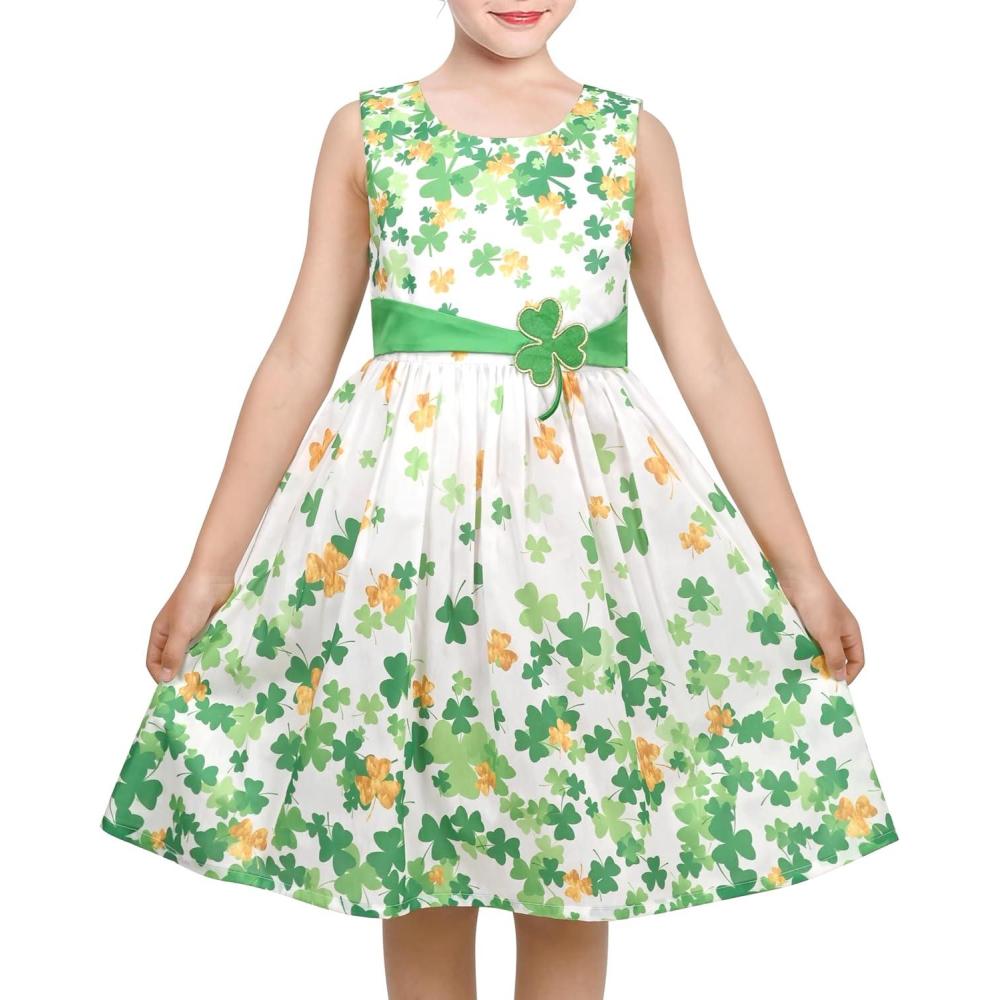 imageSunny Fashion Girls Dress Blue Flower PrintGreen Shamrock