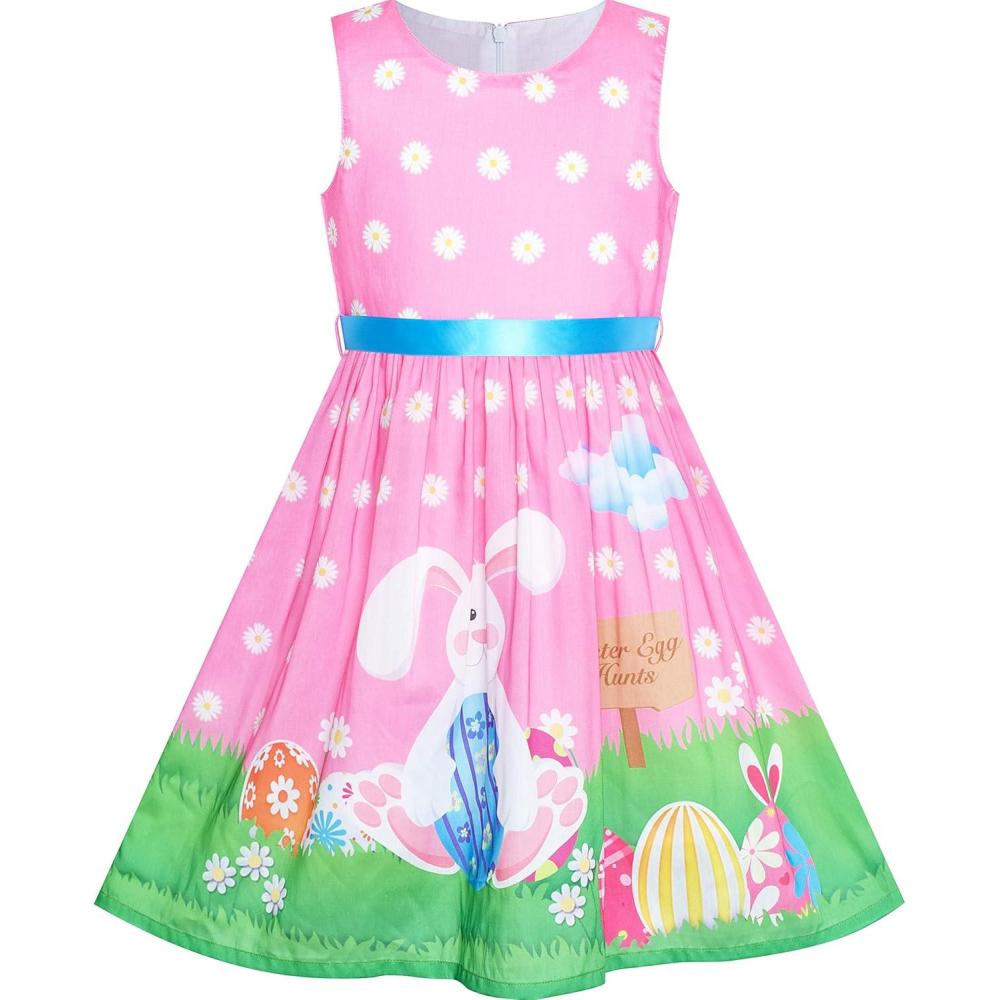 imageSunny Fashion Girls Dress Blue Flower PrintPink Bunny