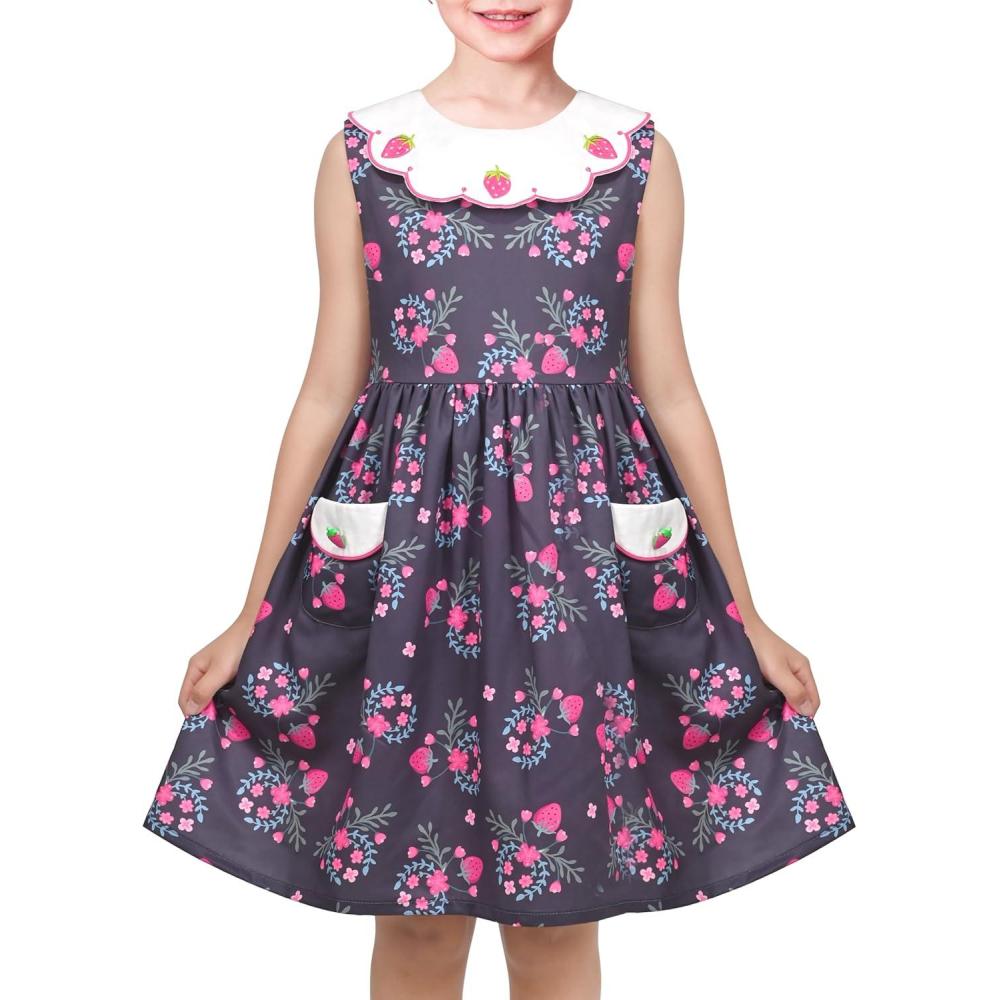 imageSunny Fashion Girls Dress Blue Flower PrintPink Strawberry