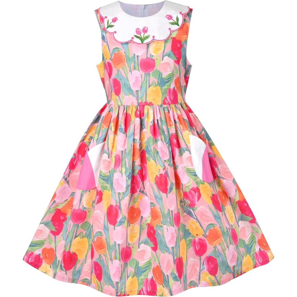 imageSunny Fashion Girls Dress Blue Flower PrintPink Tulip