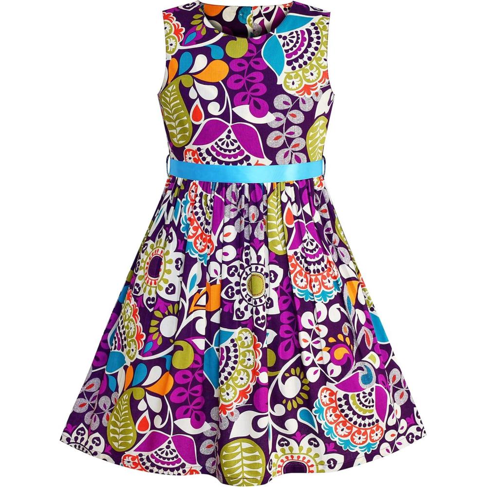 imageSunny Fashion Girls Dress Blue Flower PrintPurple Paisley