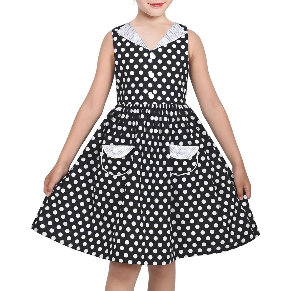 imageSunny Fashion Girls Dress Blue Polka Dot Pocket Pleated Summer Sleeveless CottonBlack Polka Dot