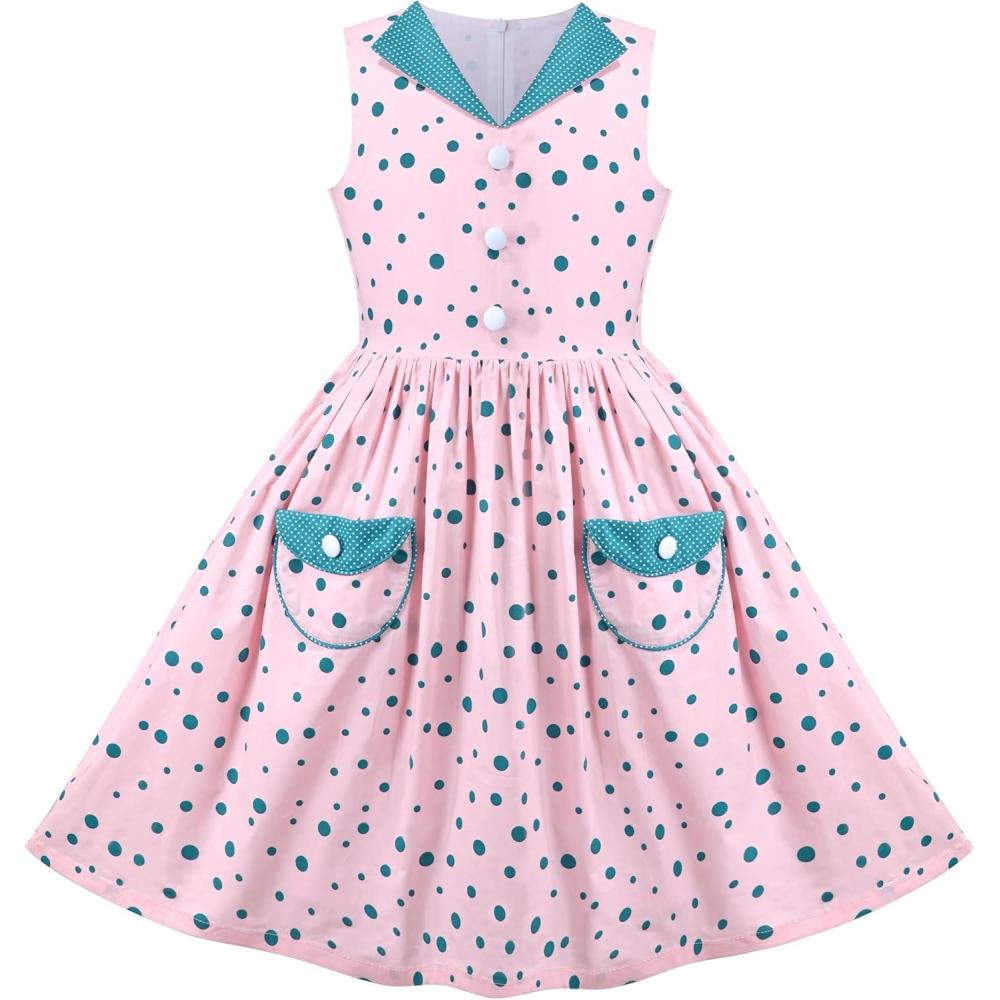 imageSunny Fashion Girls Dress Blue Polka Dot Pocket Pleated Summer Sleeveless CottonLight Pink