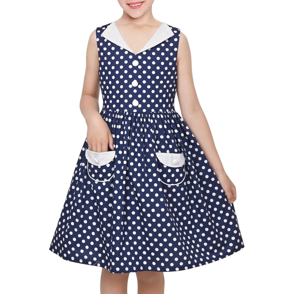 imageSunny Fashion Girls Dress Blue Polka Dot Pocket Pleated Summer Sleeveless CottonNavy Blue Dot