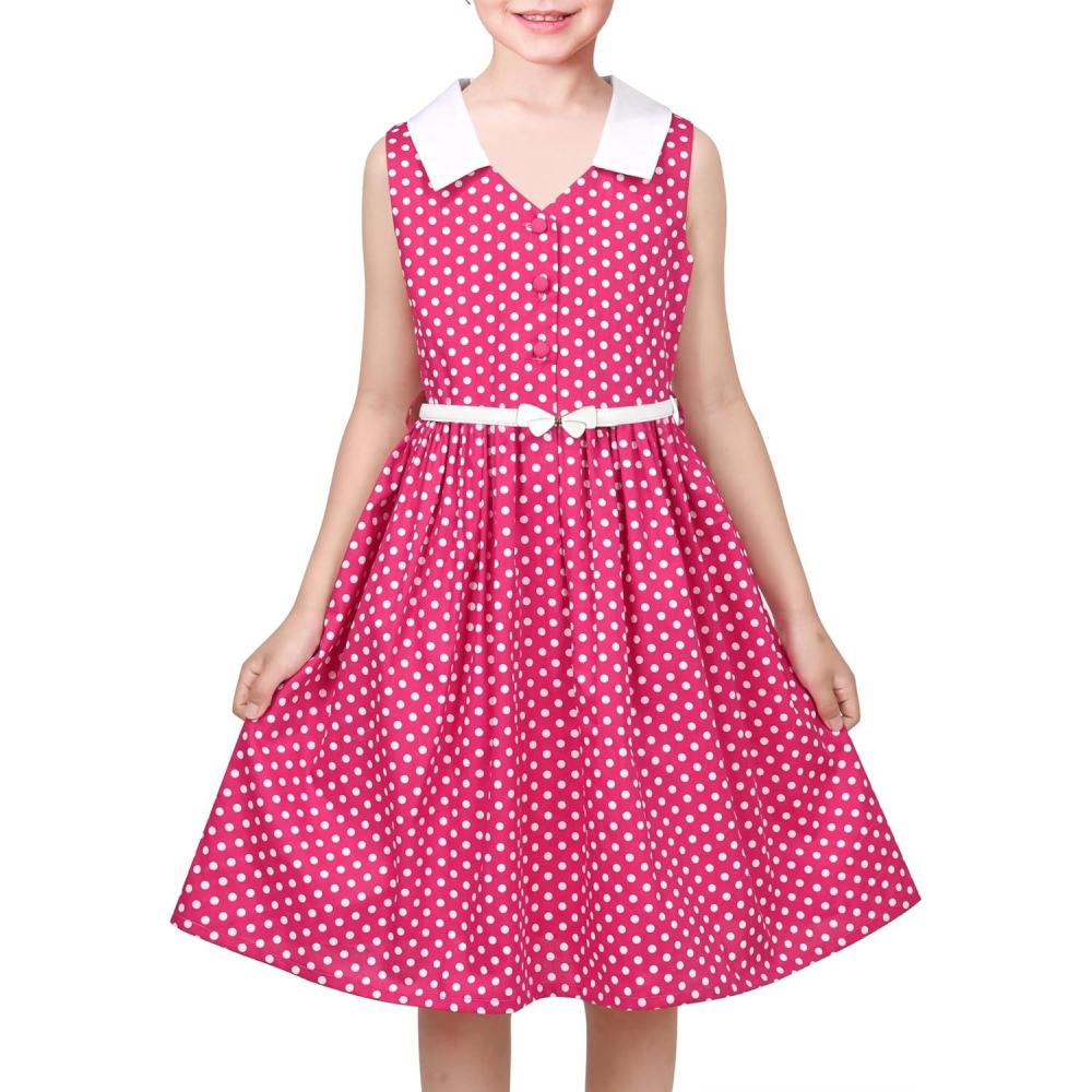 imageSunny Fashion Girls Dress Blue Polka Dot Pocket Pleated Summer Sleeveless CottonPink