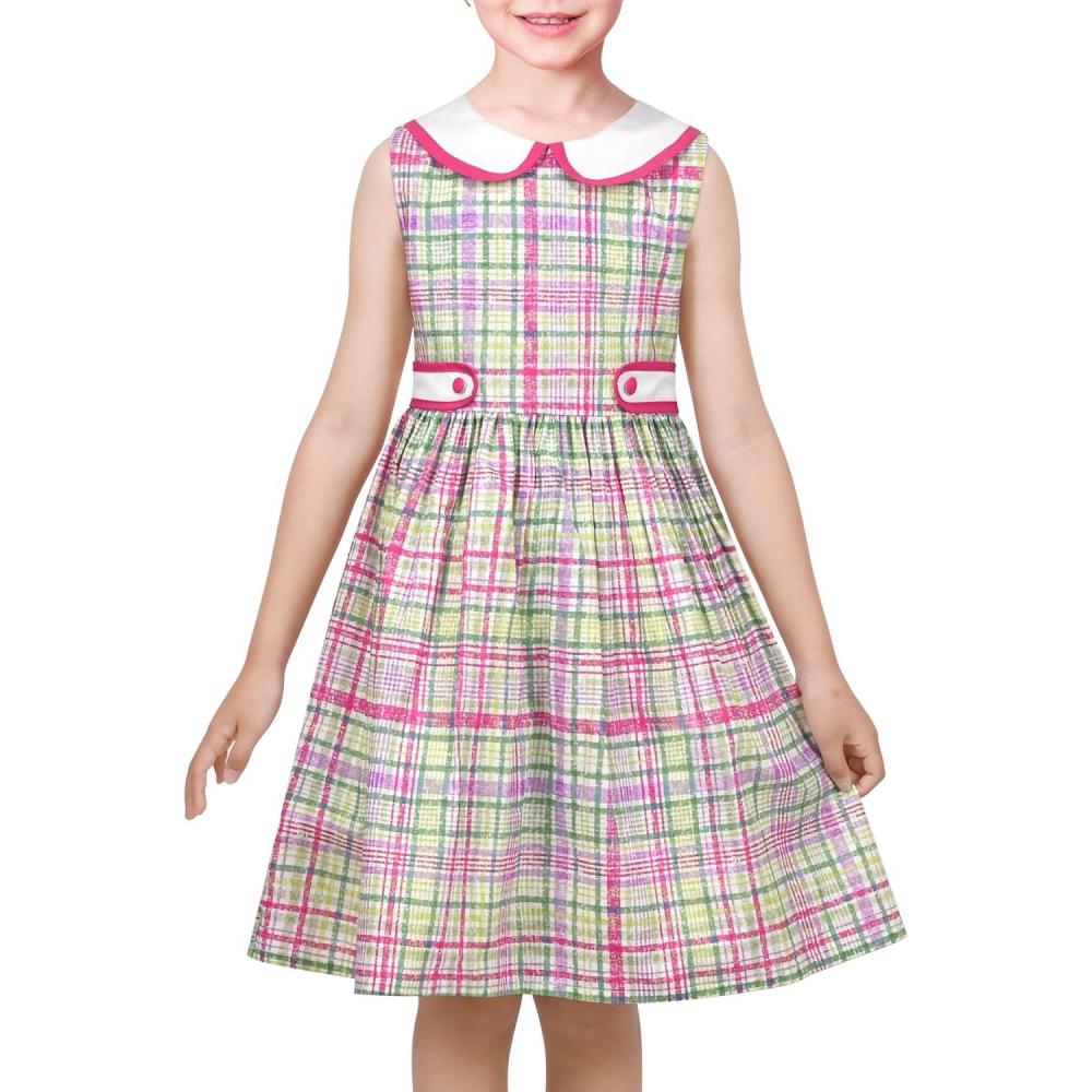 imageSunny Fashion Girls Dress Blue Polka Dot Pocket Pleated Summer Sleeveless CottonPurple Plaid