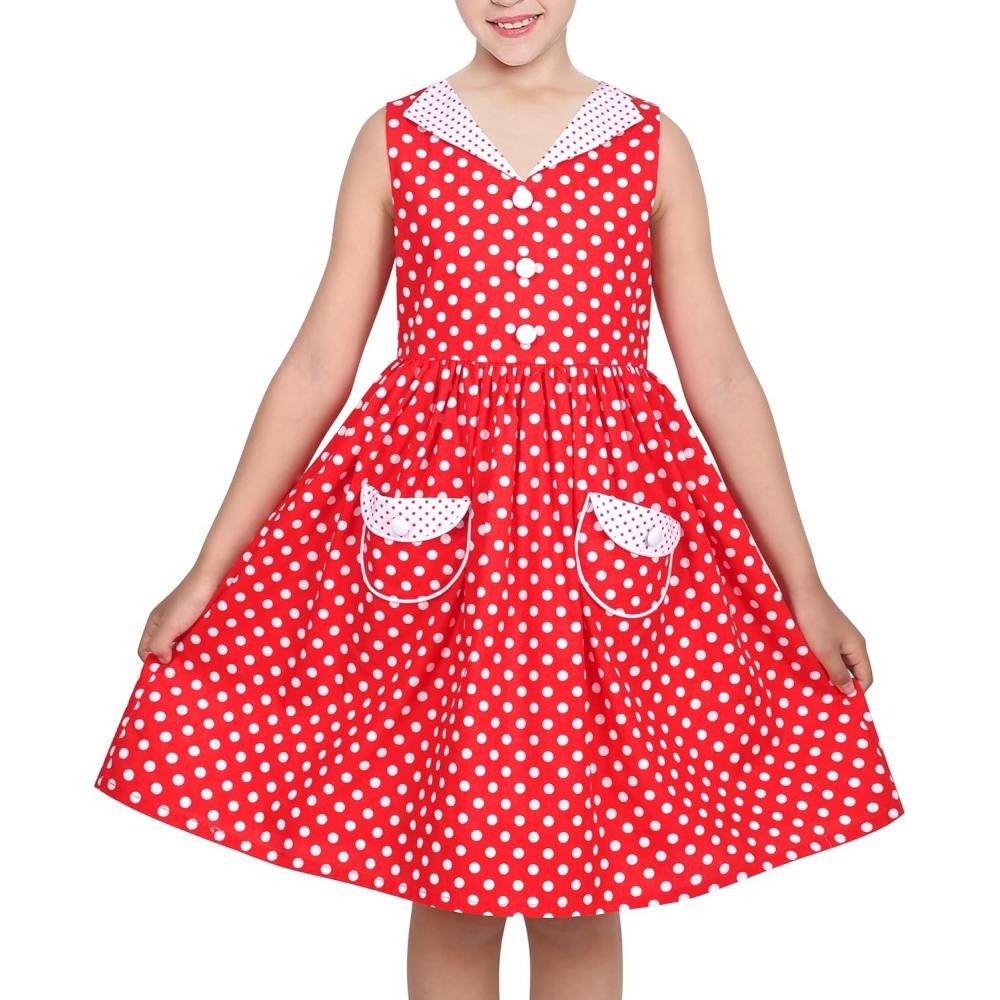 imageSunny Fashion Girls Dress Blue Polka Dot Pocket Pleated Summer Sleeveless CottonRed Polka Dot