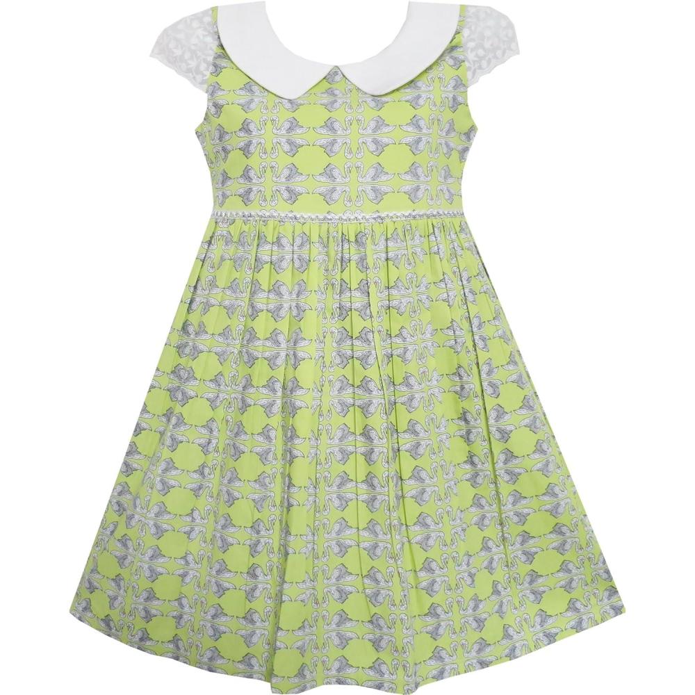 imageSunny Fashion Girls Dress Bow Tie Swan Print TurnDown Collar Green Size 410