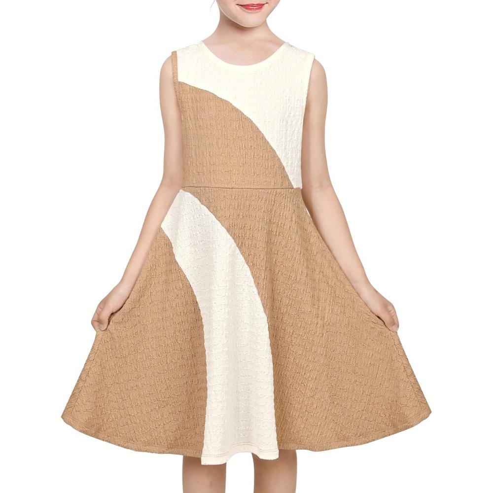 imageSunny Fashion Girls Dress Brown Color Block Contrast Sleeveless Casual ElegantLight Brown