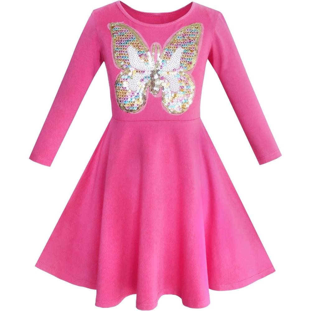 imageSunny Fashion Girls Dress Butterfly Long Sleeve Casual Knit Cotton DressPink