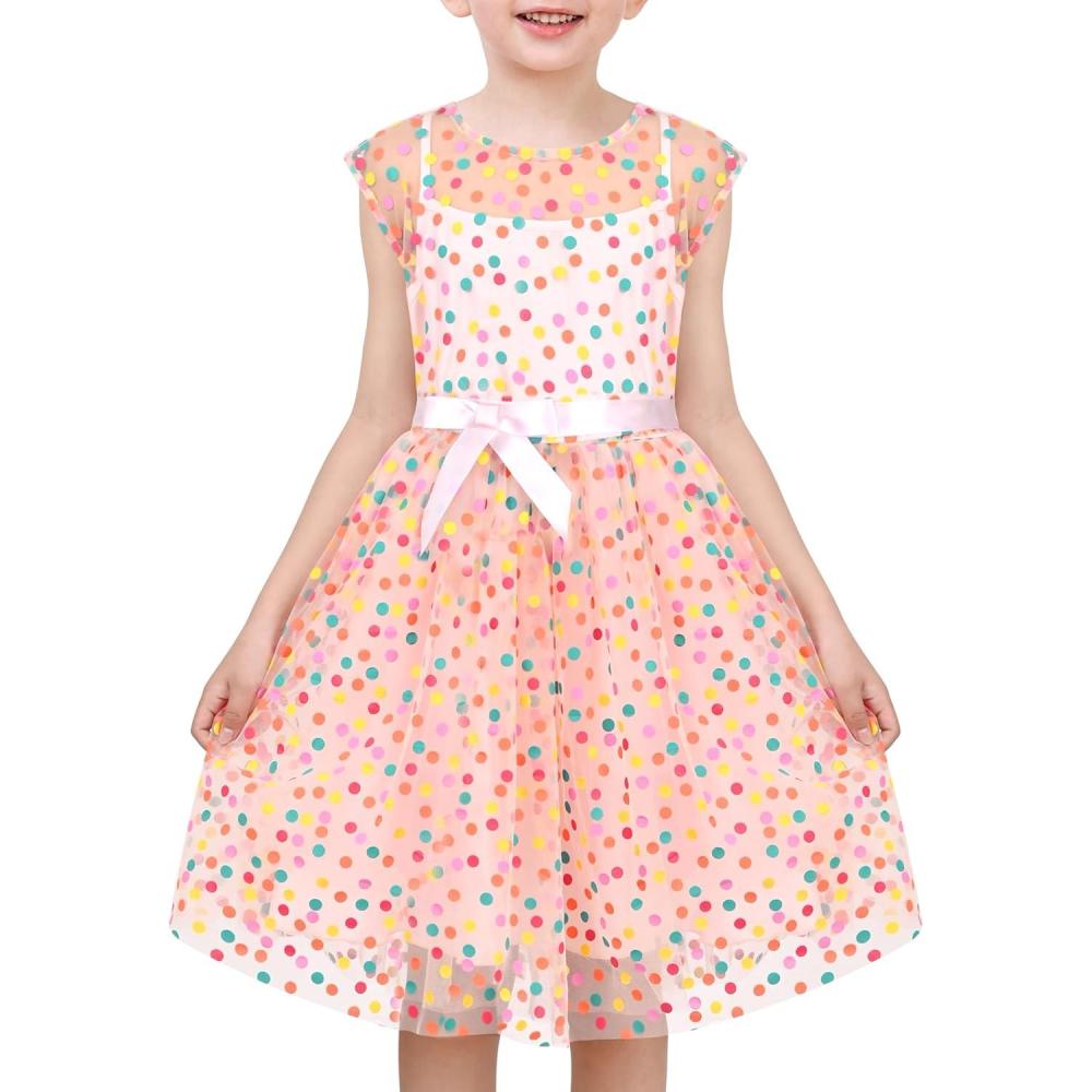imageSunny Fashion Girls Dress Caramel Star Lace Short Sleeve Pleated Collar DressPink Polka Dot