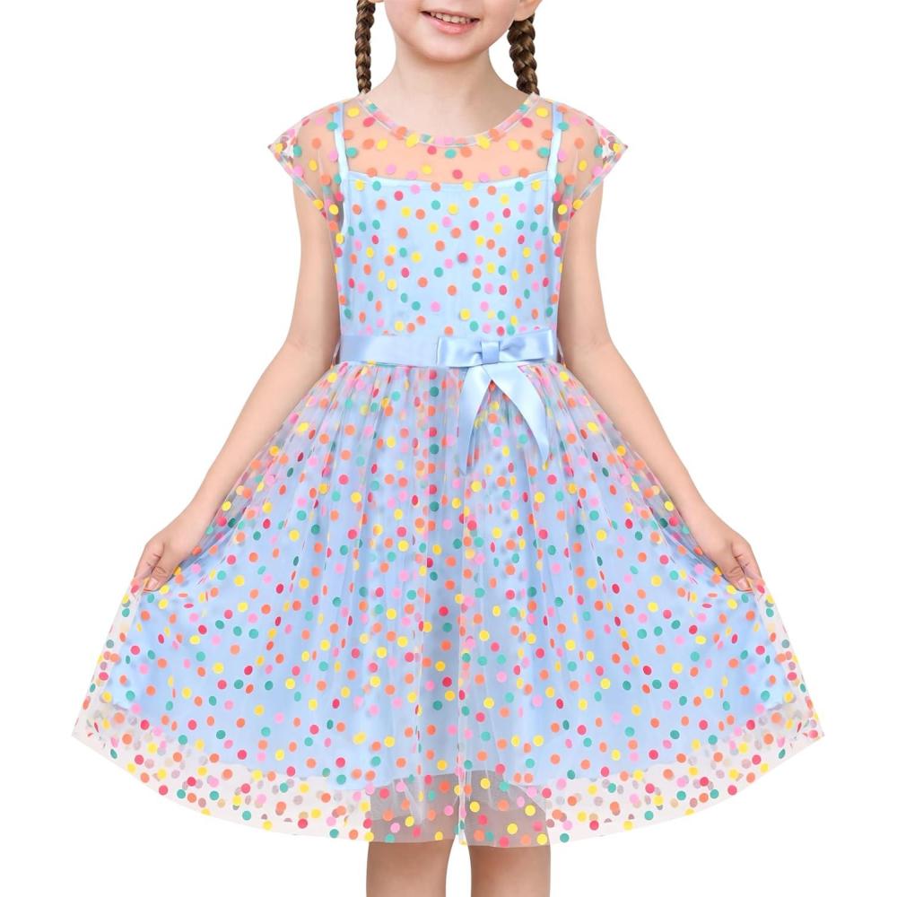 imageSunny Fashion Girls Dress Caramel Star Lace Short Sleeve Pleated Collar DressSky Blue