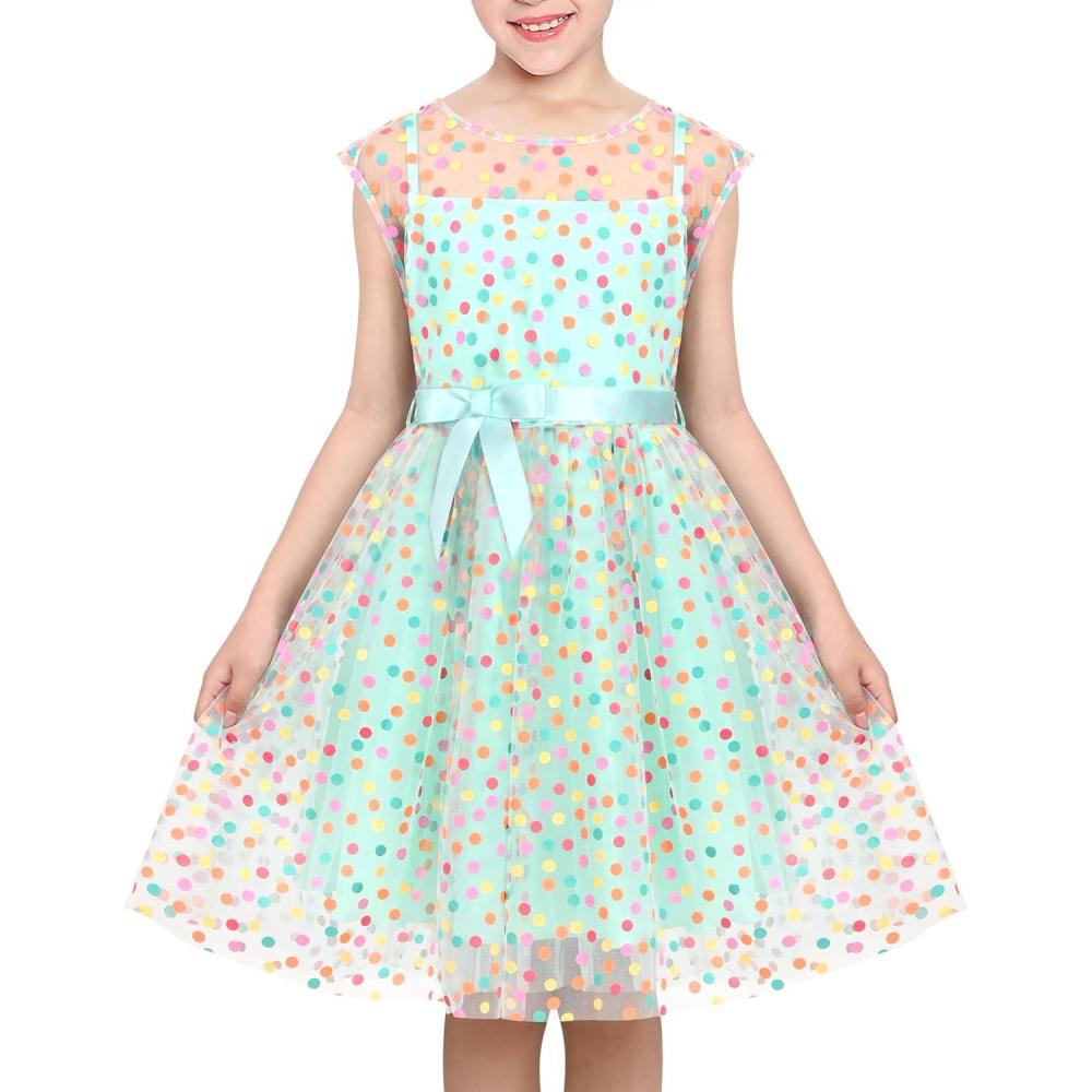 imageSunny Fashion Girls Dress Caramel Star Lace Short Sleeve Pleated Collar DressTurquoise Polka Dot