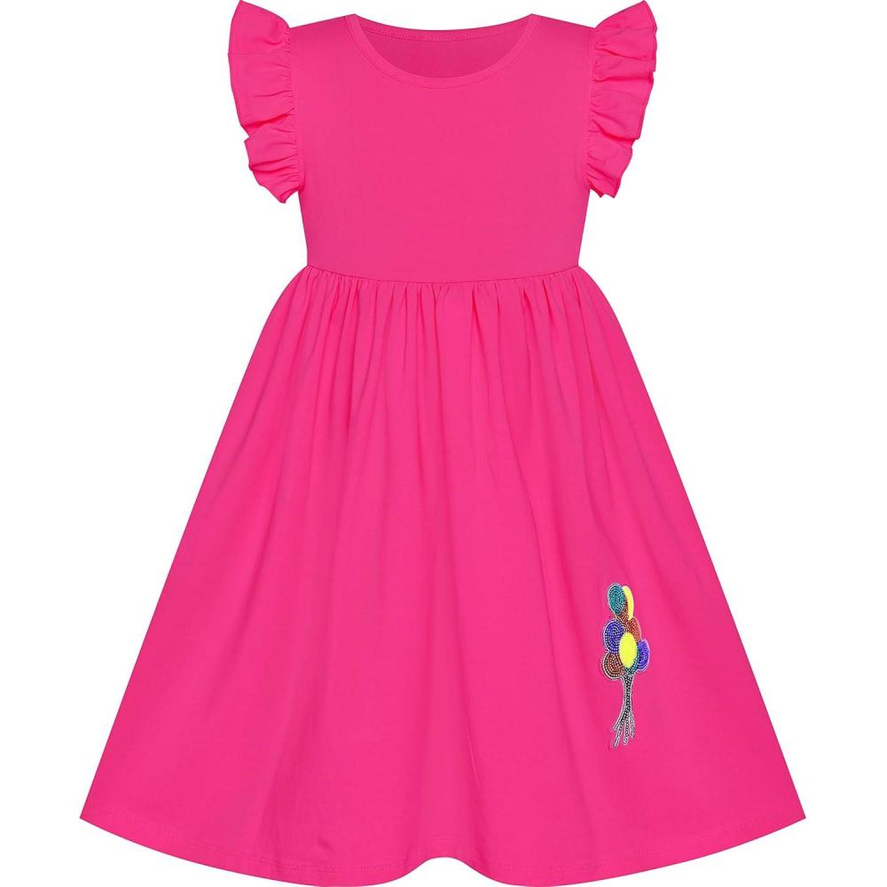 imageSunny Fashion Girls Dress Casual Cotton Flying Sleeve BalloonDeep Pink