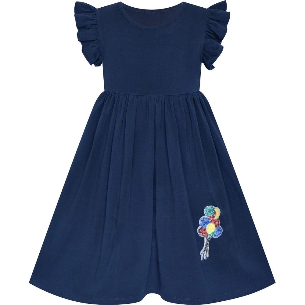 imageSunny Fashion Girls Dress Casual Cotton Flying Sleeve BalloonNavy Blue