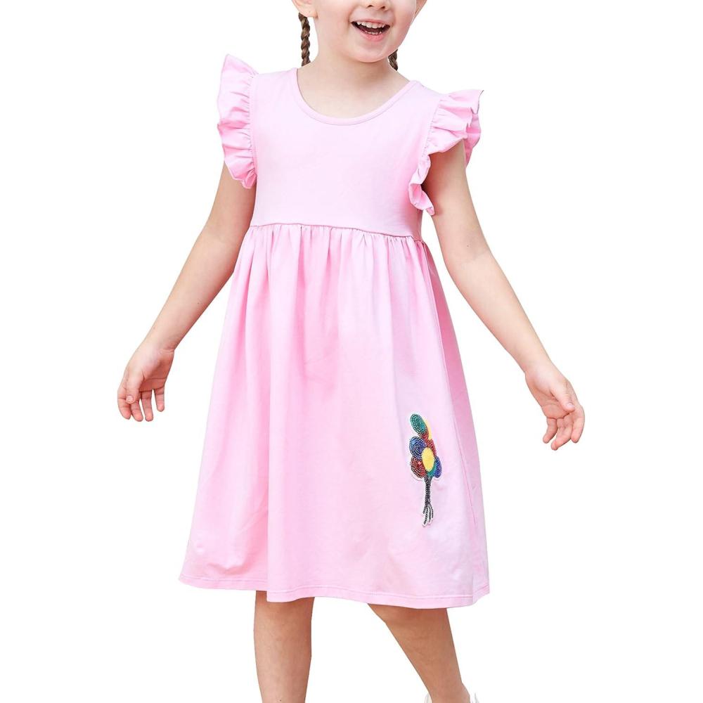 imageSunny Fashion Girls Dress Casual Cotton Flying Sleeve BalloonPink