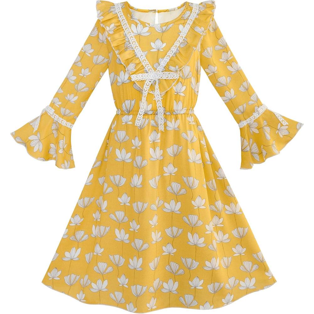 imageSunny Fashion Girls Dress Chiffon Bell Sleeve Floral Elegant Dress Size 714
