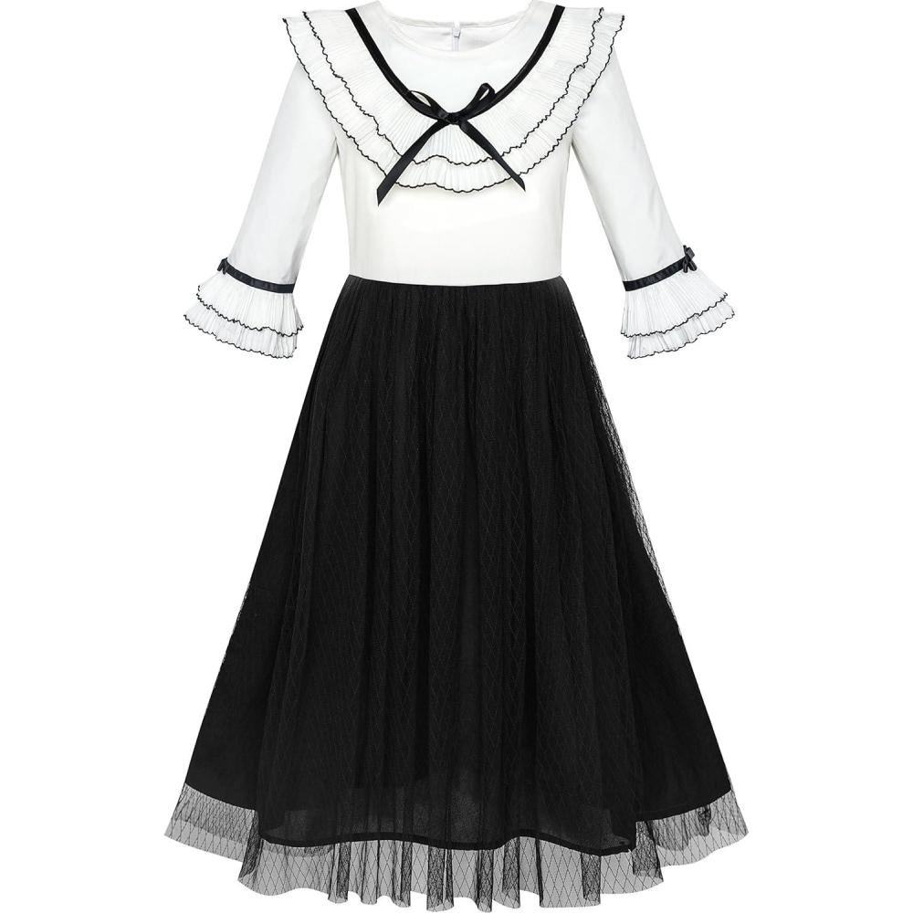 imageSunny Fashion Girls Dress Chiffon ElbowLength Sleeve Black White Size 612