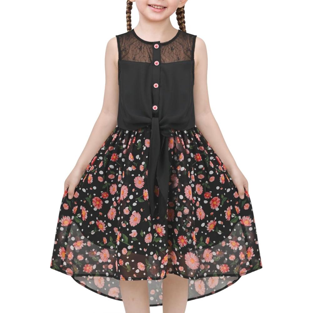 imageSunny Fashion Girls Dress Chiffon Floral HighLow Tie Waist Party PrincessBlack Floral