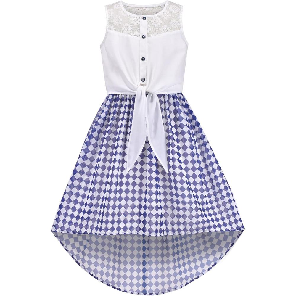 imageSunny Fashion Girls Dress Chiffon Floral HighLow Tie Waist Party PrincessBlue Plaid