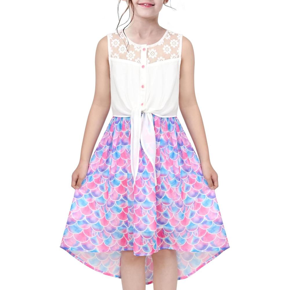 imageSunny Fashion Girls Dress Chiffon Floral HighLow Tie Waist Party PrincessPurple Scales