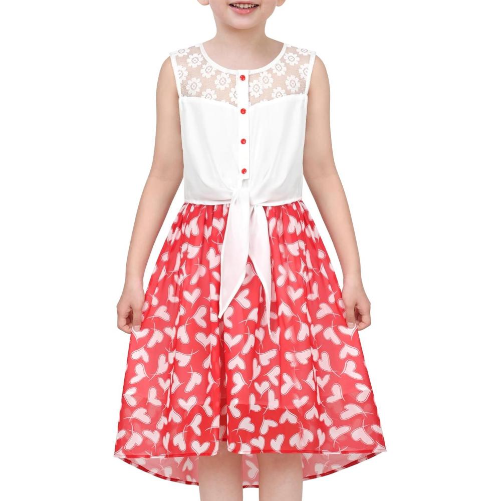 imageSunny Fashion Girls Dress Chiffon Floral HighLow Tie Waist Party PrincessRed Heart