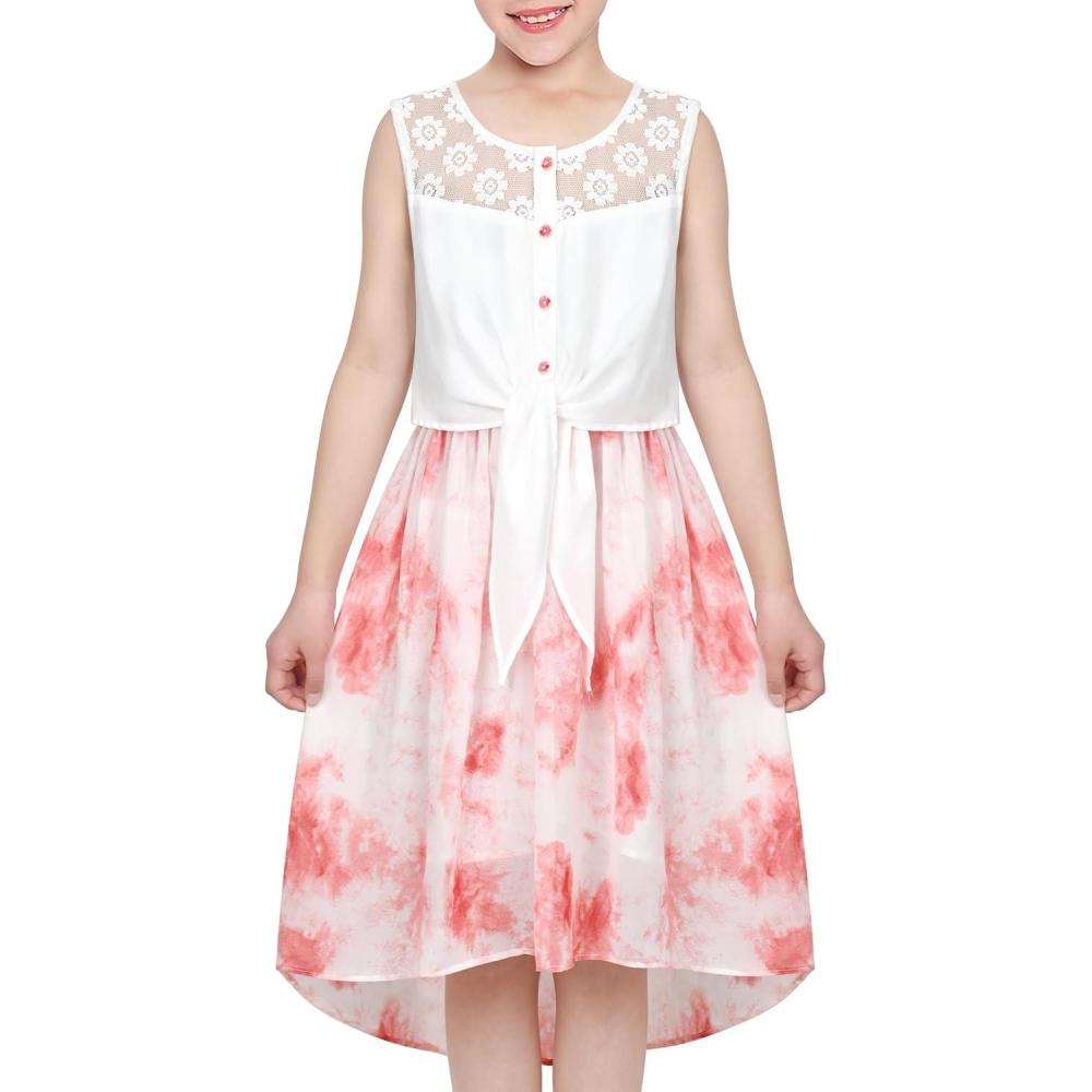 imageSunny Fashion Girls Dress Chiffon Floral HighLow Tie Waist Party PrincessRed White