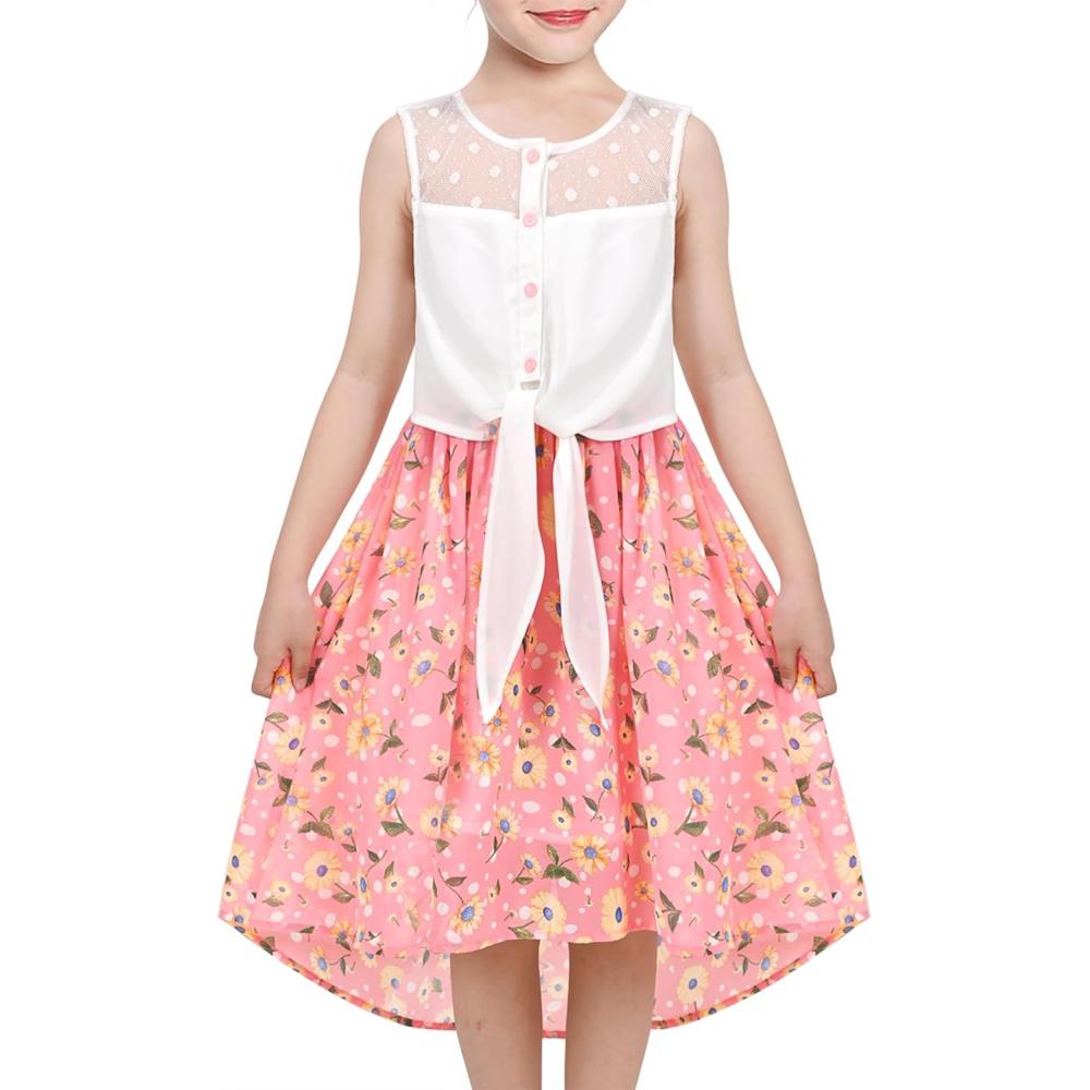 imageSunny Fashion Girls Dress Chiffon Floral HighLow Tie Waist Party PrincessRedish Pink