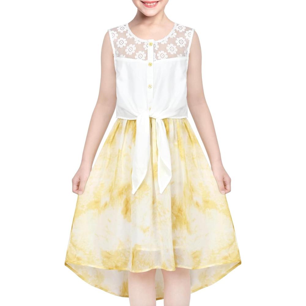 imageSunny Fashion Girls Dress Chiffon Floral HighLow Tie Waist Party PrincessYellow